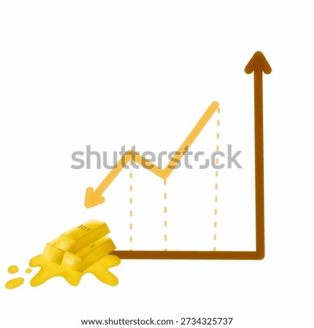 Illustration of melting gold bars with  graph of falling gold prices or drastically falling gold market indicates price instability and potential investment losses. Gold price fluctuations, or market volatility, are examples of this.