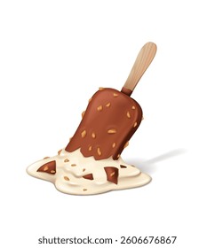 Illustration of melting ice cream bar with chocolate and nuts on stick. Vanilla ice cream is partially melted, creating a puddle with chocolate pieces.