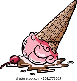 illustration of melting ice cream holding cherry hand drawn - printable coloring design for all ages 