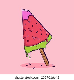 Illustration of Melting Watermelon Popsicle Stick. Vector Design Ice Cream Clipart