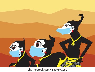 An illustration of member from Punakawan, Gareng, Bagong and Petruk are wearing mask. Punakawan figures is very well known in the world of Wayang, one of Indonesia's unique traditions. svg