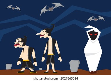 An illustration of member from Punakawan, Petruk and Bagong scared by the ghost. Punakawan figures is very well known in the world of Wayang, one of Indonesia's unique traditions. svg