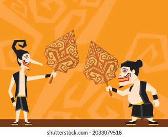 An illustration of member from Punakawan, Petruk and Bagong, holding a Gunungan wayang. Punakawan figures is very well known in the world of Wayang, one of Indonesia's unique traditions. svg