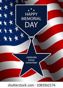 Illustration for Memorial Day. Silhouette vector star medal with ribbon. USA flag as background. 