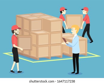 Illustration of Men Arranging Crates and a Supervisor with Clipboard of Order Talking