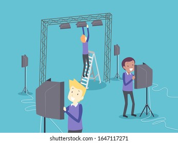 Ilustración de hombres que organizan luces en un conjunto como parte de un equipo de producción