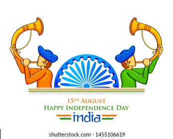 illustration of men blowing tutari horn showing welcome on India background for Happy Independence Day of India