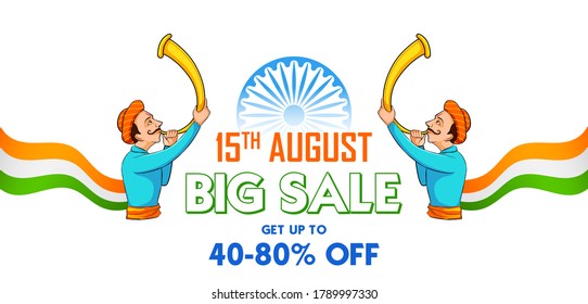 illustration of men blowing tutari horn showing welcome on India background for Happy Independence Day of India