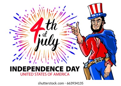 illustration of a men celebrating Independence Day Vector Poster. 4th of July Lettering. American Red on Blue Background with Stars burst. firework art