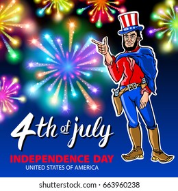illustration of a men celebrating Independence Day Vector Poster. 4th of July Lettering. American Red on Blue Background with Stars burst. firework art