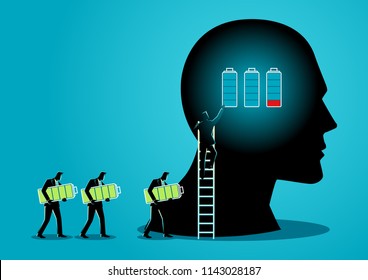 Illustration of men changing batteries of human brain