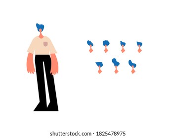 Illustration of men character set with different haircuts. Classical trendy hairstyle, curly hair, bald. Flat design icons