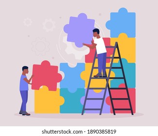 Illustration of men connecting missing element of puzzle. Problem solving concept. Puzzle solution. Right choice. Vector illustration in a flat style