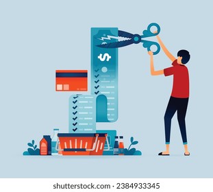 illustration of men cut money with scissors metaphor of cutting back on shopping expenses and monthly bills. shopping discounts and price cuts. Can be used for posters, banners, websites