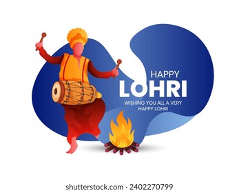 Illustration of  Men Dancing on Happy Lohri and Baishakhi Holiday with Bonfire, Dynamic Background