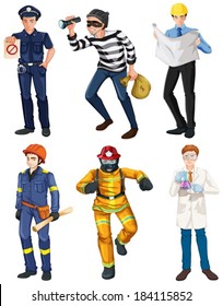 Illustration of the men with different works on a white background