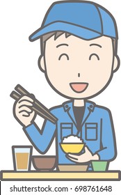 Illustration of men dressed in work clothes eating Japanese food