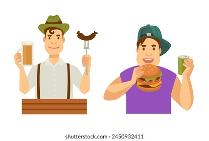 Illustration of men enjoying traditional foods at a cultural festivity, vector isolated on white.