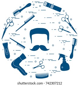 Illustration of men hairstyles, beards and mustaches, hairdresser tools care. Male haircuts. Barbershop symbol.