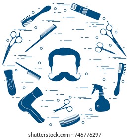 Illustration of men hairstyles, beards and mustaches, hairdresser tools care. Male haircuts. Barbershop symbol.