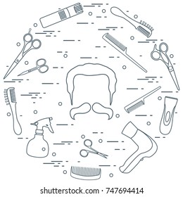 Illustration of men hairstyles, beards and mustaches, hairdresser tools care. Male haircuts. Barbershop symbol.