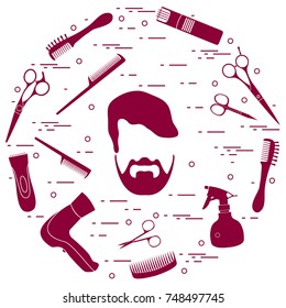 Illustration of men hairstyles, beards and mustaches, hairdresser tools care. Male haircuts. Barbershop symbol.