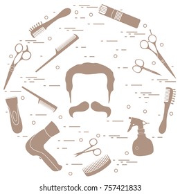 Illustration of men hairstyles, beards and mustaches, hairdresser tools care. Male haircuts. Barbershop symbol.