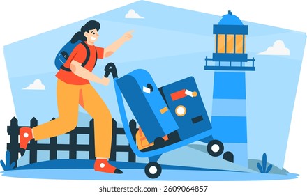 Illustration of a men have arrived at the vacation spot with with a flat design style and colorful