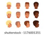 Illustration of men head avatars set with different haircuts. Classical trendy hairstyle, curly hair, bald. Flat design icons