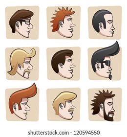 Illustration of men heads profile side view in cartoon style.