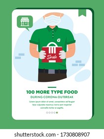 Illustration men holding food donations to be sent to customers wearing uniform with mask and glove. Registered with over 100 food and beverage products for delivery services. Flat design.