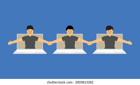 An illustration of men holding hands reflects togetherness or connected and online meeting or work from home. An illustration of men wearing t-shirts.