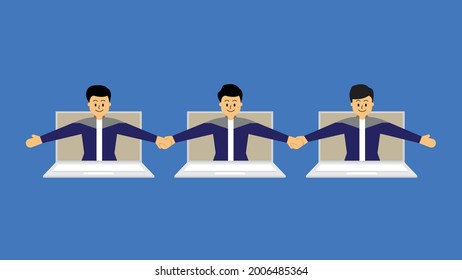 An illustration of men holding hands reflects togetherness or connected and online meeting or work from home. An illustration of men wearing t-shirts and jackets.