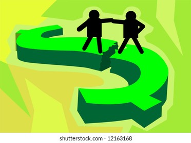 Illustration of men joining hands on top of dollar