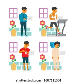 Illustration of a men Keeping Occupied at Home, Sport, Eat, Sleep While Doing Their Work. Stay at Home and Work at Home Concept.