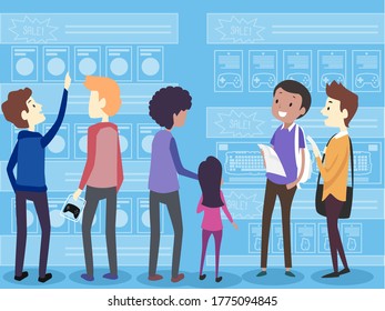 Illustration of Men and a Kid Girl Shopping in a Game Store