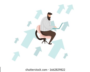 Illustration of men with laptops that increase traffic, increase profits and investment, enlarge the scale of the company. web designer, coding.