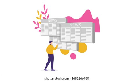 illustration of men looking for and reading new news. information search, newspaper news, charts, global. flat design. Can be used for landing pages, templates, UI, web.