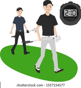 Illustration of men. A man walking with a golf club.