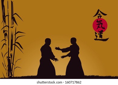 illustration, men are occupied with aikido against a dark background