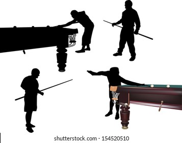 illustration with men playing billiards isolated on white background