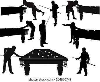 ilustración con hombres jugando al billar aislados en fondo blanco
