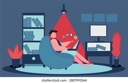 illustration of men playing laptop at living room, at home, room, doing assignments, social media, freelance, at home