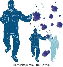 illustration with men in protective suit punch coronavirus