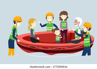 Illustration of Men Rescue Workers Saving the Victims Helping in Riding the Round Life Raft Boat