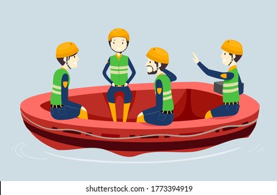 Illustration of Men Rescue Workers Sitting Together In Round Life Raft Boat