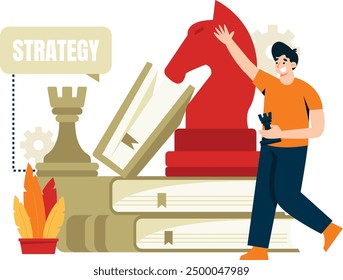 illustration of a men set the strategy, vector illustration of business technology, and illustration of a person full of visuals. Flat design illustration