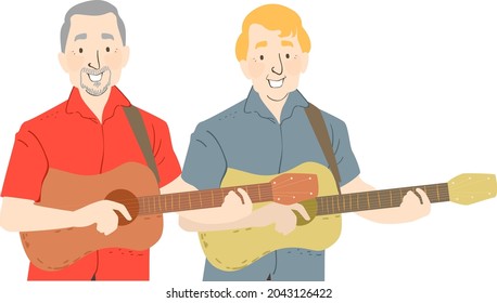 Ilustración de hombres mostrando un dúo de actuación en un festival de música con guitarras en Israel