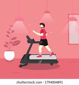 Illustration Men spend their stay at home time by exercising casually doing treadmill runs