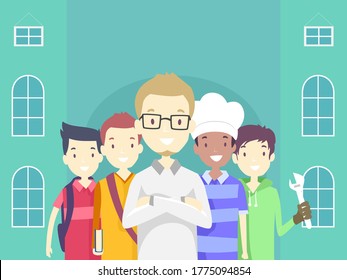 Illustration of Men Students in Front of a Vocation School with One Holding Wrench and One Wearing Chef Hat